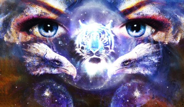 Pintar águilas y tigre con ojos de mujer sobre fondo abstracto en el espacio con estrellas. Alas para volar . — Foto de Stock