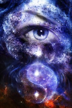 blue women eye , with space and stars, with simbol yin yang, abstract painting collage.