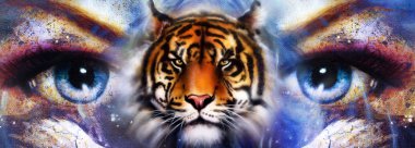 Goddess Woman in space with light stars. With tiger