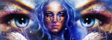 Goddess Woman with tattoo on face in space with light stars.
