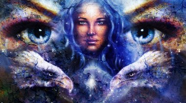 Uzaya ışık yıldız ve Kartallar kafa, tanrıça kadın kadın gözleri. Göz teması, crackle yapı etkisi.