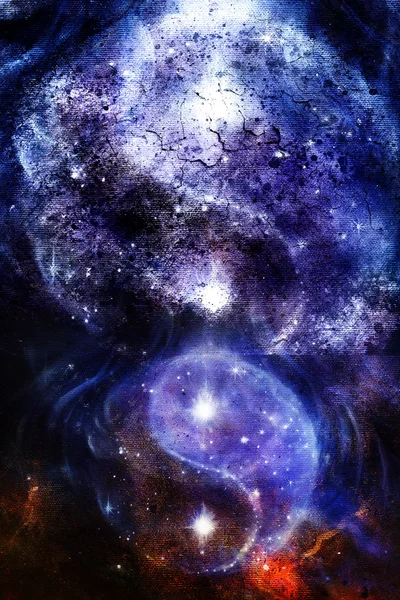 Símbolo Yin Yang en el espacio con estrellas, estructura crujiente y fondo de color abstracto . — Foto de Stock