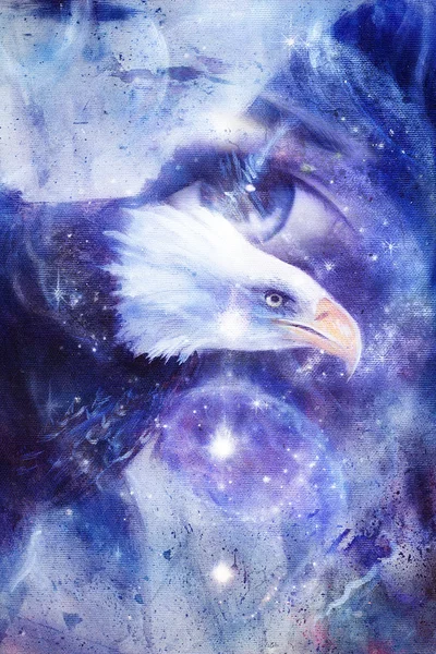 Pintando águila con ojo de mujer sobre fondo abstracto y Símbolo Yin Yang en el espacio con estrellas. Alas para volar, USA Símbolos Libertad —  Fotos de Stock