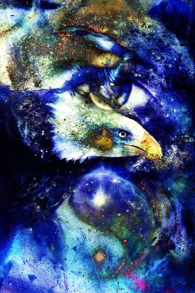 Painting eagle with woman eye on abstract background and Yin Yang Symbol in space with stars. Wings to fly, USA Symbols Freedom — Stock Photo, Image