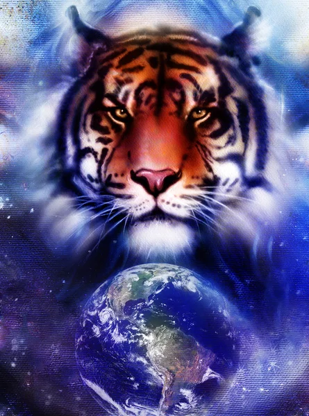 Pintar tigre sobre el fondo cósmico del espacio de color, animales de vida silvestre. Con la Tierra y las estrellas . — Foto de Stock
