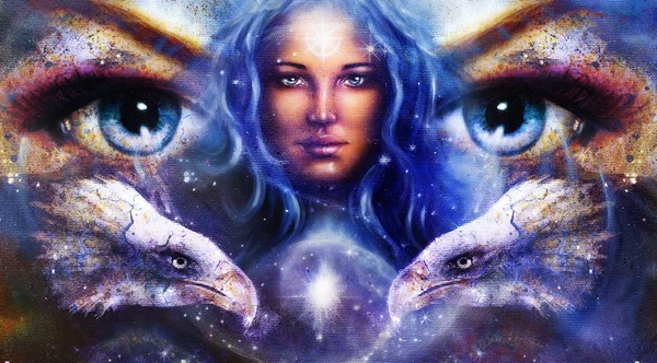 Göttin Frau im Weltraum mit hellen Sternen und Adlerkopf, Augen Frauen. Blickkontakt, abstrakter Farbhintergrund. — Stockfoto