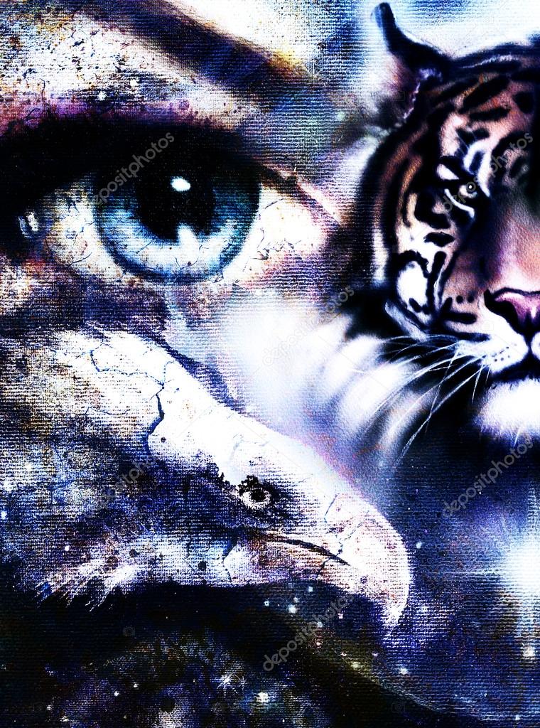 painting eagles and tiger with woman eyes on abstract background in space with stars. Wings to fly.