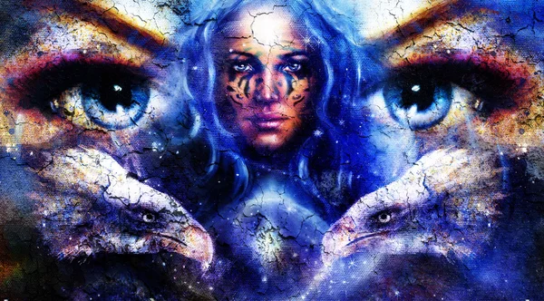 Goddess Woman with ornamental tattoo on face,  in space and light stars with eagles head, eyes woman. Eye contact, Abstract color background and crackle. — Stock Photo, Image