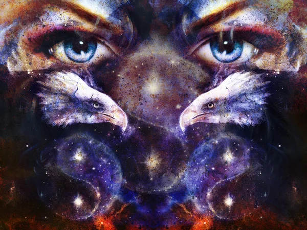 Peinture aigle avec oeil de femme sur fond abstrait et Yin Yang Symbole dans l'espace avec des étoiles. Wings to fly, États-Unis Symboles Liberté — Photo
