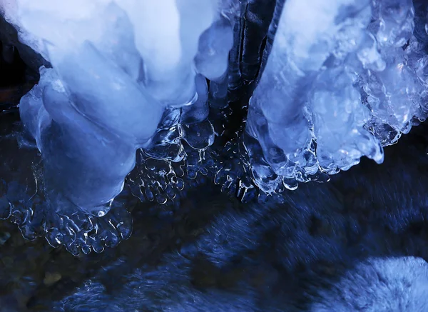 Buzlu su. Eriyen kar kaynaklanan dallara asılı buz sarkıtları — Stok fotoğraf