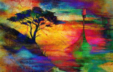 Viking Boat and tree on the beach, Boat with wood dragon.painting collage wallpaper landscape