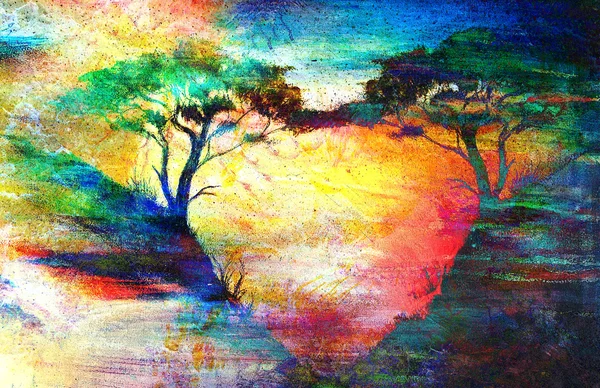 Painting sunset, sea and tree, wallpaper landscape, color collage — Stock fotografie