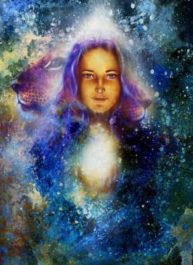 woman goddess holding a sourceful of a white light and Little lion cub head. abstract  color background with spots