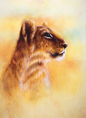 Little lion cub head. animal painting on vintage paper, abstract color background with spots