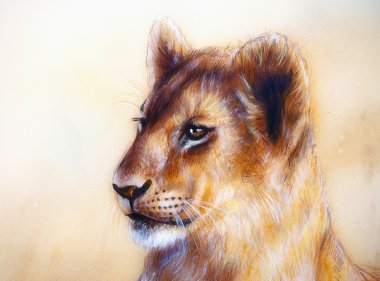Little lion cub head. animal painting on vintage paper, abstract color background with spots