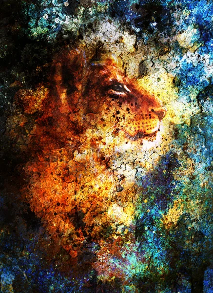 Little lion cub head. animal painting, blue color abstract background with spots and crackle. — Zdjęcie stockowe