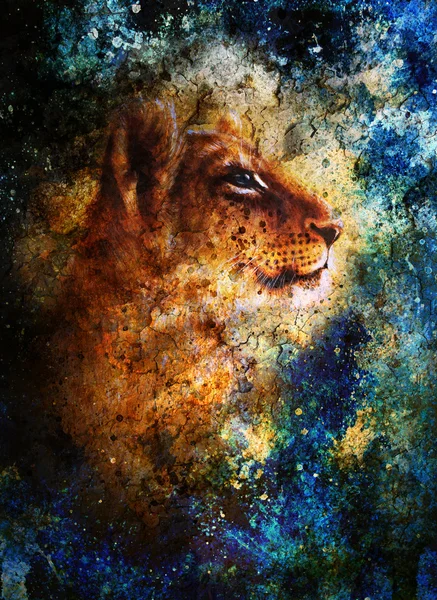 Little lion cub head. animal painting, blue color abstract background with spots and crackle. Stock Picture