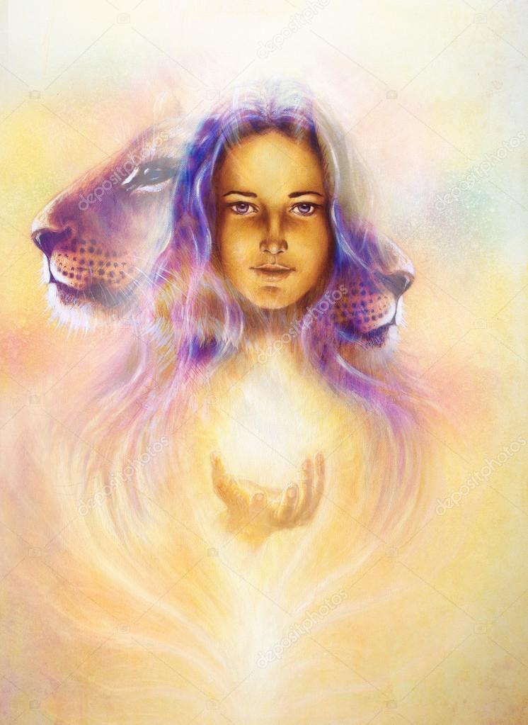 woman goddess holding a sourceful of a white light and Little lion cub head. abstract purple and yellow color background with spots. painting on vintage paper.