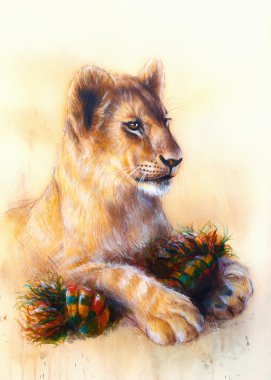 Little lion cub cuddling and playing with toy . animal painting on vintage paper, abstract color background with spots.