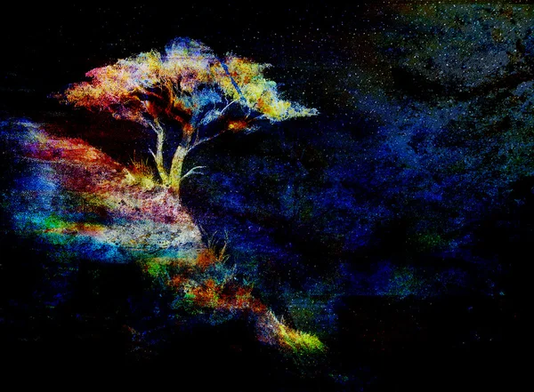 Nachthimmel mit Bäumen. Color-Effekt-Collage — Stockfoto