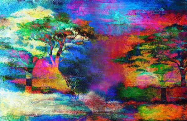 Painting sunset, sea and tree, wallpaper landscape, color collage. — 스톡 사진