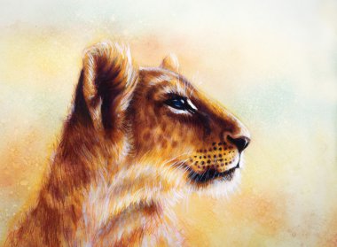 Little lion cub head. animal painting on vintage paper, abstract color background with spots