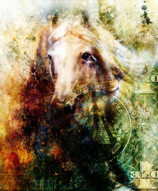 Horse and lion heads, abstract ocre background, with one dollar collage. texture background