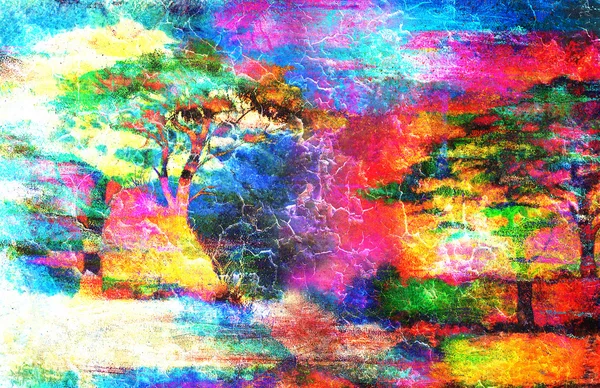 Pintura puesta del sol, mar y árbol, paisaje de papel pintado, efecto crepitante collage de color —  Fotos de Stock