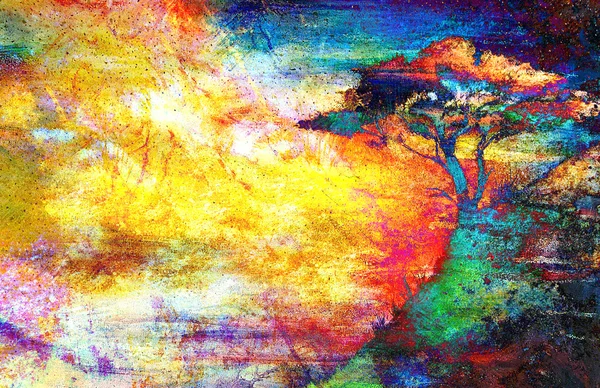 Pittura tramonto, mare e albero, paesaggio carta da parati, collage di colore — Foto Stock