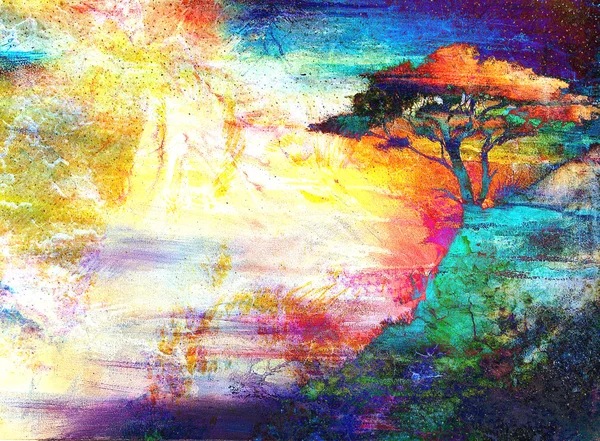 Painting sunset, sea and tree, wallpaper landscape, color collage. — Stok fotoğraf
