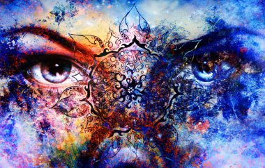 Blue goddess women eye, multicolor background with oriental mandala ornament. eye contact. clipart
