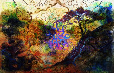 Painting sunset, sea and trees, wallpaper landscape and ornamental mandala. Oriental background collage