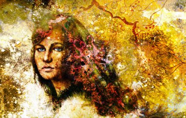 Tanrıça Kadın ve doğulu süslü mandala ve benekli soyut arkaplan.