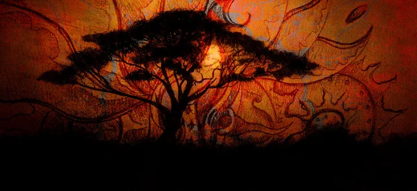 Painting tree and sunset, wallpaper landscape and ornamental structure. Oriental background collage — Stock fotografie