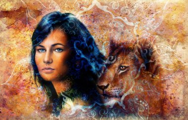 Genç kadın ve aslan yavrusu. Kadın dikey, uzun siyah saçlı ve mavi göz, renk ile oryantal süs mandala boyama. göz teması