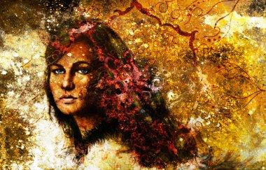 Uzun siyah saçlı ve mavi göz, oryantal süs mandala ve renkli arka plan ile olan kadın. göz teması.