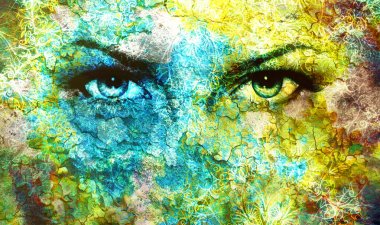 Mavi Tanrıça kadınlar göz, oryantal mandala süsleme ile çok renkli arka plan. göz teması.