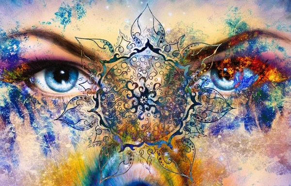 Ojo de mujer diosa azul, fondo multicolor con adorno lineal mandala. contacto visual . — Foto de Stock