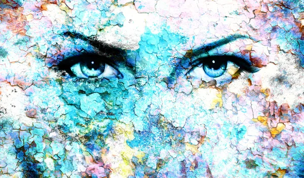 Blue goddess women eye, multicolor background. eye contact. — Stock Photo, Image