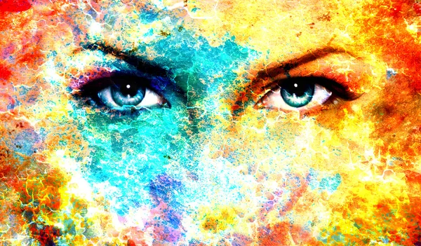 Olhos da mulher na cor abstrata Fundos, pintura colagem com manchas, estrutura de ferrugem . — Fotografia de Stock