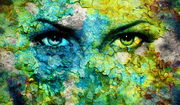 Déesse verte yeux de femmes, fond multicolore. contact visuel fond vert et effet crépitant — Photo