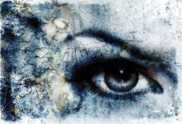 Vrouwen eye stralend en vogel, blauwe kleur schilderij collage, met ornament. — Stockfoto