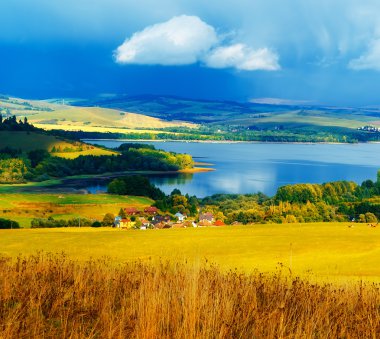 Güzel manzara, yeşil ve sarı çayır ve köylü göl. Slovakya, Orta Avrupa.