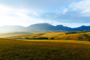 Beautiful landscape, green and yellow meadow and beautiful cloudy sky, with mountain in background. Slovakia, Central Europe.