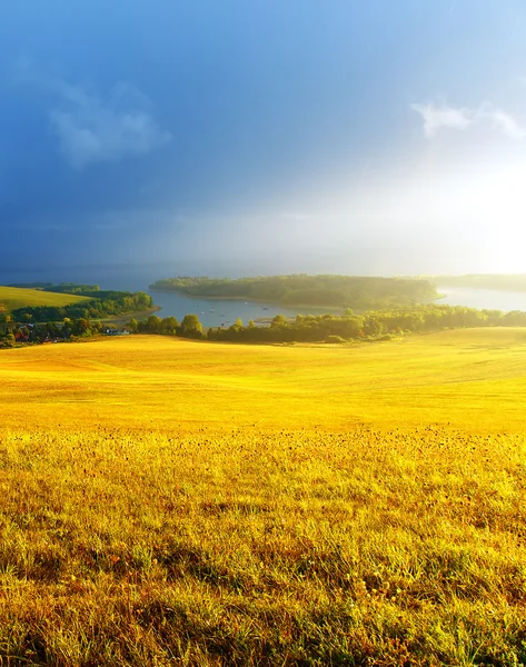 Paisagem bonita, prado verde e amarelo e lago com montanha no fundo. Eslováquia, Europa Central. — Fotografia de Stock