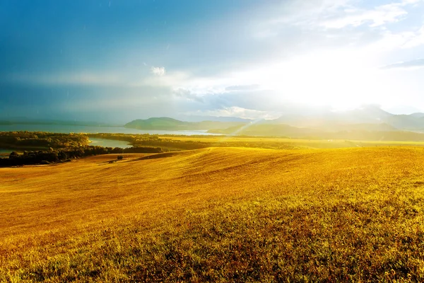 Beautiful landscape, green and yellow meadow and lake with mountain in background. Slovakia, Central Europe. — Stock Photo, Image