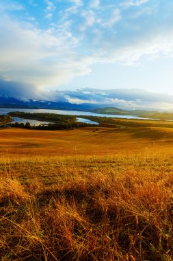 Güzel manzara, yeşil ve sarı çayır ve arka planda dağ olan göl. Slovakya, Orta Avrupa.