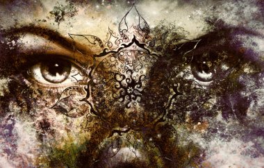 Mavi Tanrıça kadınlar göz, oryantal mandala süsleme ile çok renkli arka plan. göz teması.