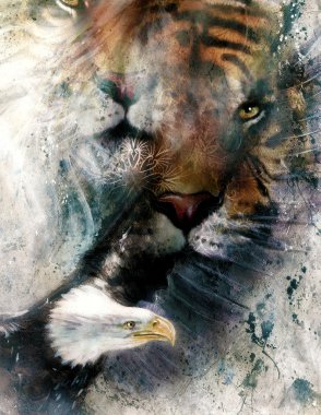 painting of eagle and tiger,  abstract background, color with spot structures..