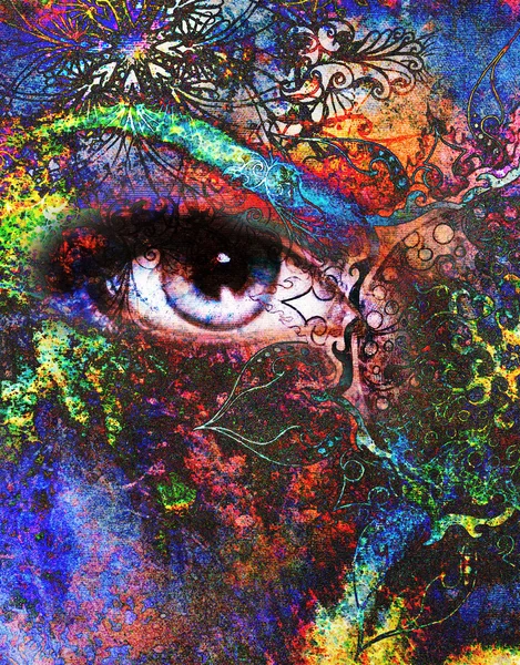Θεά γυναίκες μάτι, πολύχρωμα φόντο με ανατολίτικα Μάνταλα στολίδι. οπτική επαφή. — Φωτογραφία Αρχείου